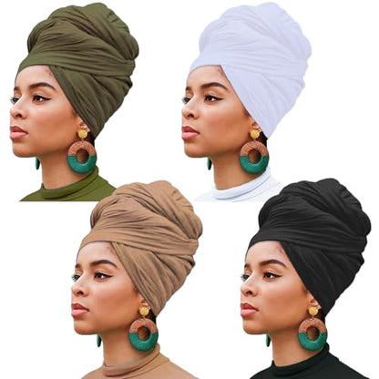 XTREND 4 Pieces Head Wrap Stretch Jersey Turban Bohemian Style Headwraps Solid Color Long Hair Scarf Soft Breathable Knit Turban for Women (Black, White, Army Green, Camel) - color: Black, White, Army Green, Camel