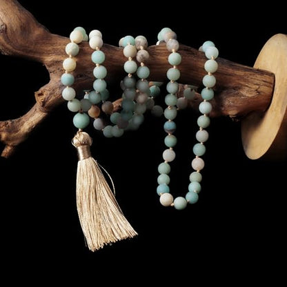 8mm Natural Stone 108 Mala Beads Necklace for Men and Women - color: Mattle Amazonite