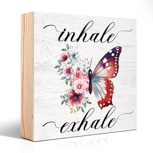 Inhale Exhale Wooden Sign Desk Decor, Funny Butterflies Wood Box Sign Décor for Home Office Farmhouse Bedroom, Yoga Spa Room Decor, Inspirational Gifts for Women Friend Coworker - style: Modern