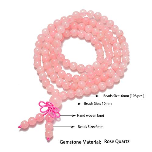 AD Beads 6mm Natural Healing Gemstones Buddhist 108 Prayer Mala Stretchy Bracelet Necklace - color: Rose Quartz