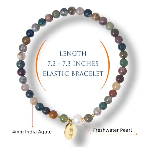 Morchic 4mm Natural Gemstone Beads Stretch Bracelet for Women, With Freshwater Pearls, Energy Gem Birthday Gift for Her 7.2” - color: India Agate