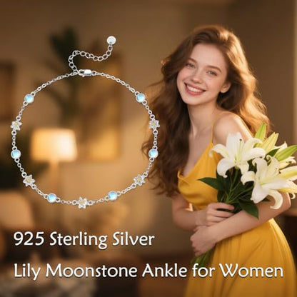CRMAD 925 Sterling Silver Daisy/Sunflower Moonstone Anklet Daisy Flower Ankle Bracelet for Women Beach Dainty Jewelry - size: 9+2 inch, style: Lily