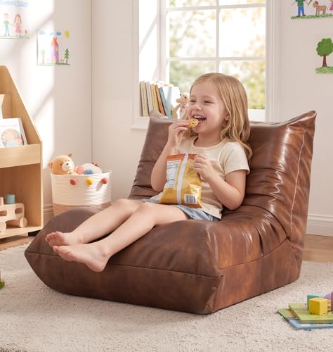 Hobestluk Small Bean Bag Chair Lazy Floor Sofa Bean Bags with Memory Foam Filled Leather Waterproof Beanbag Lounge Sofa Armless Chair for Bedroom Playroom and Reading Nook Dorm (Brown, Small) - color: Brown, size: Small