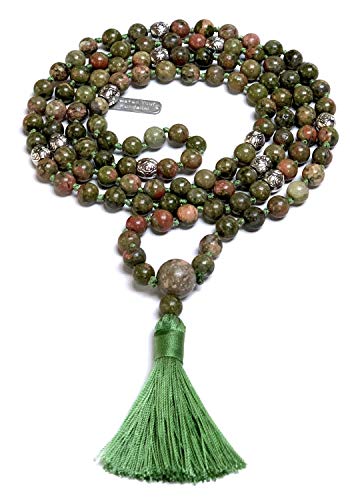 Certified Energized Mala Beads Necklace with COA - Chakra Mala - Japa Mala - 8mm 108 Buddhist Prayer Beads - Meditation Mala - Tassel Necklace – Zodiac/Sun Sign stones (Unakite)