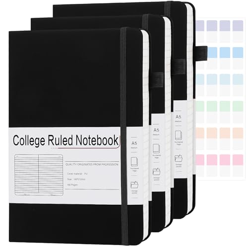 A5 Lined Journal Notebooks for Work, 192 Pages, Medium 5.7 x 8.3inch, College Ruled, Vegan Leather Hardcover Journals for Women Men,3 Pack - color: Black, size: 3 Pack