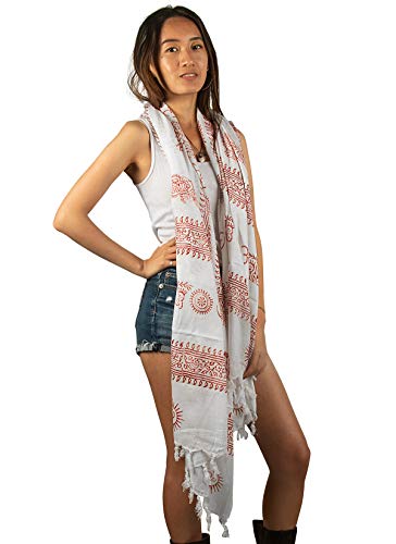 Tribe Azure Fair Trade Large Scarf Wrap Yoga Soft Cotton Mix Hand Printed Boho Bohemian Yoga Yellow White Black & Blue (White)
