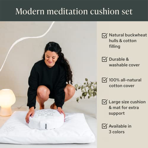 Mindful Modern Meditation Cushion & Zabuton Meditation Mat Bundle - 100% Cotton Meditation Cushion Set for Yoga - Buckwheat Zafu Floor Pillow Rectangular Mat - Removable Cover - Classic White Color