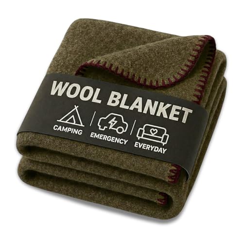 Wool Camping Blanket - 70% Wool Heavy-Duty Military Style Throw, Warm & Washable, Fire Retardant Cover for Emergency, Survival & Outdoor Use - Perfect for Camping, Car, Home & Hiking, Olive 66x90 - color: Olive Green, size: 66x90