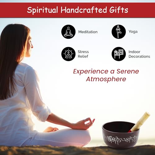 Store Indya Hand Painted 7 Inch Tibetan Metal Singing Bowl, Chakra Healing, Yoga & Meditation Sound Bowl for Stress Relief with Wooden Stick Mallet | Original Tibetan Singing Bowl - color: BROWN