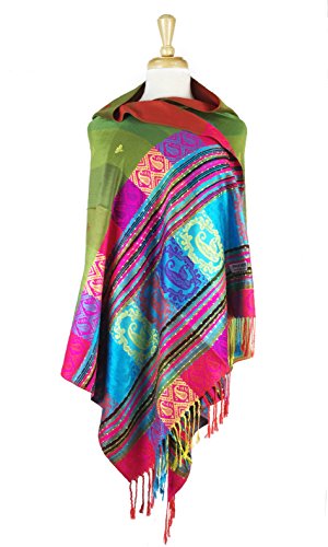 PASKMLNA Double Side Multi Colors Silky Tropical Colorful Exotic Pashmina Wrap Shawl Scarf Rave - color: #4olive Green