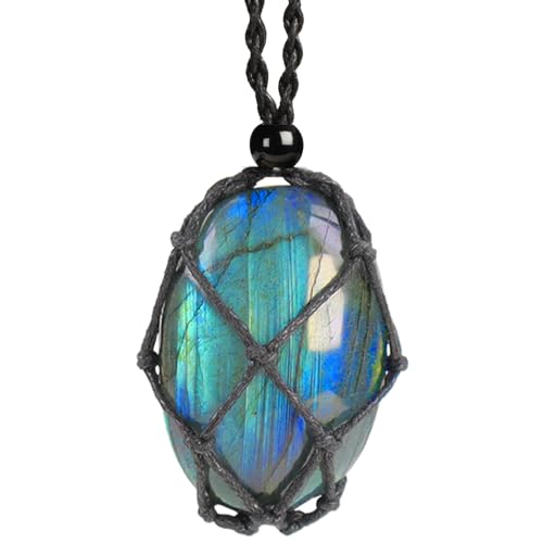 Natural unprocessed crystal raw stone hand woven rope adjustable necklace pendant for both men and women - color: A-Labradorite