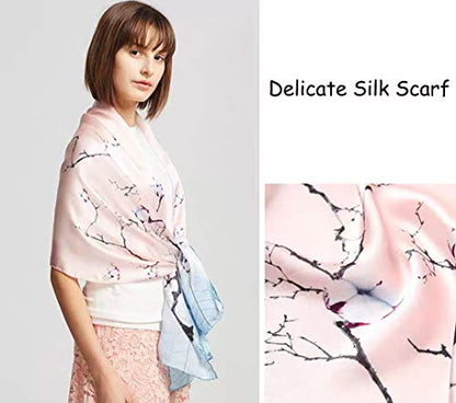100% Mulberry Silk Long Scarf for Women Large Shawls for Headscarf and Neck- Oblong Hair Wraps with Gift Packed - color: Blue&pink Branches