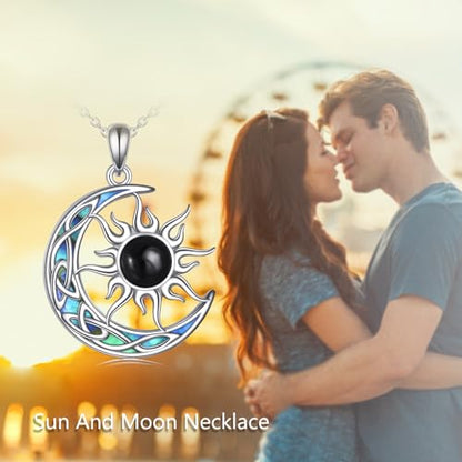 Sun and Moon Necklace for Women 925 Sterling Silver Celtic Crescent Moon Pendant Blue Opal/White Opal/Abelone Shell/Labradorite/Moonstone Jewelry Gift for Teen Girls - color: black onyx sun