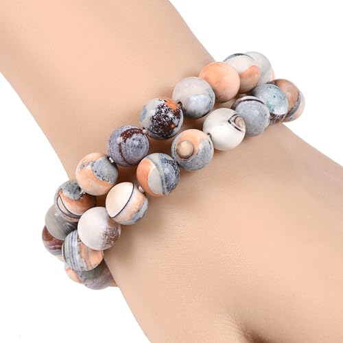 Justinstones Gem Semi Precious Gemstone 10mm Round Beads Stretch Bracelet 7 Inch Unisex - color: Matte Pink Zebra
