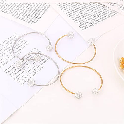 Women's Stainless Steel Minimalist Open Cuff Bracelet with Zirconia Ball, Silver/Gold - color: Gold-10mm ball
