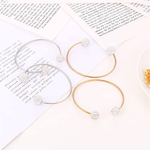 Women's Stainless Steel Minimalist Open Cuff Bracelet with Zirconia Ball, Silver/Gold - color: Silver-12mm ball