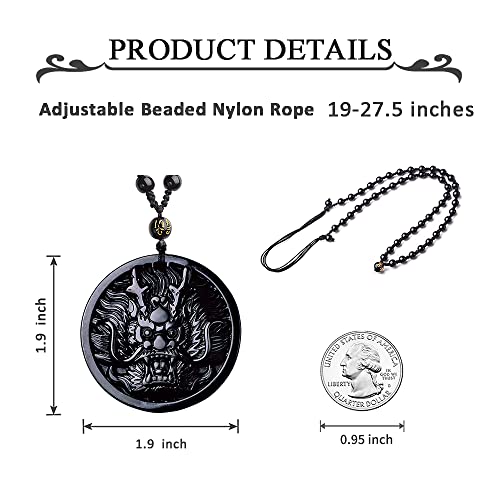 Black Obsidian Necklace Natural Crystal Amulet Protection Pendant with Adjustable Rope Lucky Talisman Necklaces Jewelry Gift for Men Women - color: Dragon B