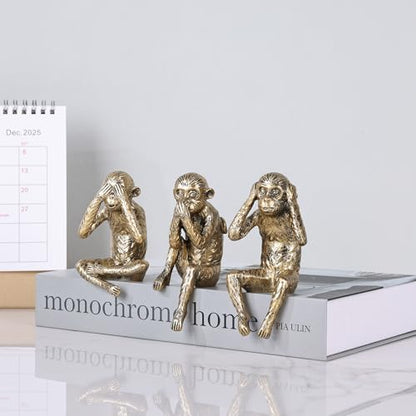 DOVDOV Three Wise Monkeys Statue Set: Hear No Evil, See No Evil, Speak No Evil Monkey Sculpture Gold Home Decor for Bookshelves, Offices, Living Room Coffee Tables, and Partition Decor Small Figurine