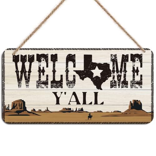 Texas Western Welcome Sign Wall Decor - Welcome Y'all, Cowboy Desert Landscape Wooden Wall Art, Rustic Hanging Plaque for Home Farmhouse Porch, Housewarming Gift - color: Texas 0708
