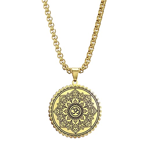 Om Symbol Lotus Necklace For Men Women Stainless Steel Chakra Meditation Necklace Lotus Om Symbol Pendant Necklace Viking Jewelry Healing Gift - color: gold