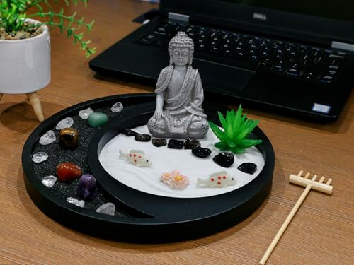 Meditation Buddha Zen Garden Accessories Japanese Desktop Rock Garden with Healing Crystal Stones Shine Altar Sand Tray Therapy Kit Decor Office Home Stress Relief Spiritual Decor Zen Healing Gifts