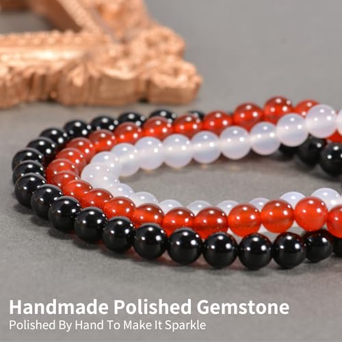 3PCS Agate Bracelet for Women Men Natural Round Beaded Agates Stone Healing Stretch Bracelets Elastic Handmade Polished Gemstone Beads Bracelet - color: Black+Red+White