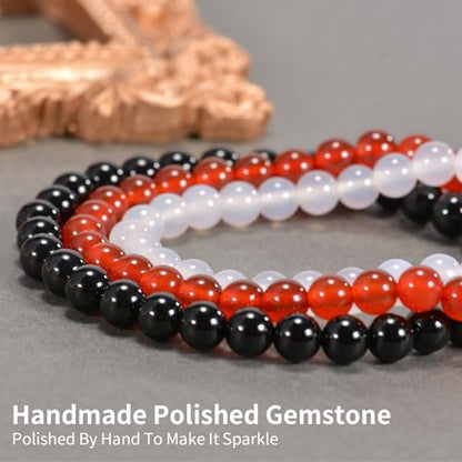 3PCS Agate Bracelet for Women Men Natural Round Beaded Agates Stone Healing Stretch Bracelets Elastic Handmade Polished Gemstone Beads Bracelet - color: Black+Red+White