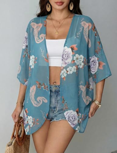 Chunoy Women Floral Beach Wear Cover Up Chiffon Kimono Cardigan Open Front Blouse Top - color: Blue 9107, size: Large