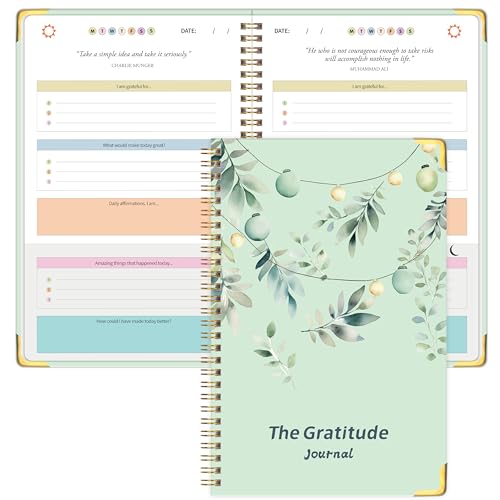 The Gratitude Journal for Women & Men, Hardcover Spiral 5 Minute Daily Gratitude Journal for More Happiness, Optimism, Affirmation & Reflection with Prompts & Quotes, Undated Daily Journals(93 pages / 3 months supply) Gifts - color: Green