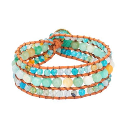 YGLINE Boho Handmade Natural Stone Bead 3 Row Wide Wrap Wrist Statment Bracelet Jewelry Collection - color: agate＆amazonite
