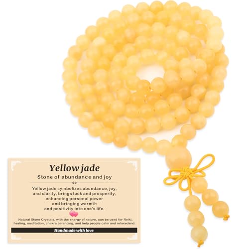AD Beads 6mm 8mm 108 Prayer Mala Jasper Elastic Bracelet - Handmade Yoga Meditation Healing Power Energy Gifts for Unisex Adult. - color: Yellow jade(Abundance)