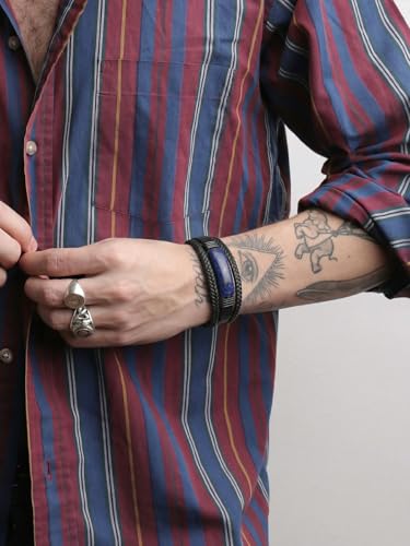 Mens Black Leather Obsidian/Turquoise/Tiger Eye/Red Agate Bracelet–Braided Multi‑Layer Wristband Cuff Bangle Bracelet with Stainless Steel Clasp Gift Jewelry Box Included - color: Lapis Lazuli, size: 8.3in(Fits most wrists)