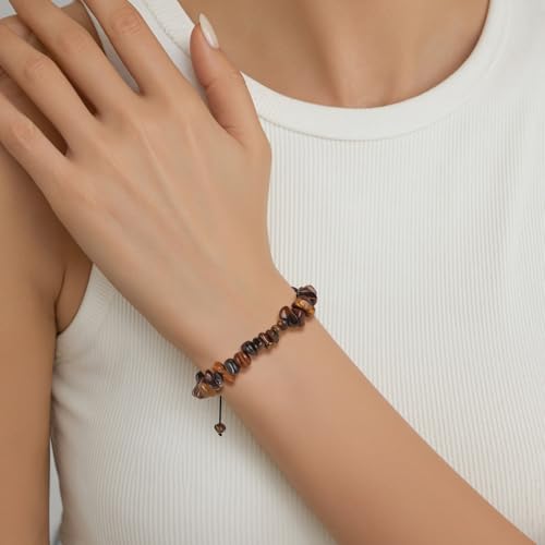 Adjustable Natural Small Gemstone Beaded Bracelet Gravel Beads Crystal Healing Bracelet for Women Reiki Spiritual Jewelry Gifts - color: Tiger Eyes, size: Gravel Beads