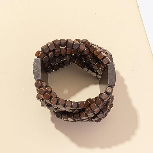 COLORFUL BLING Handmade Natural Wooden Beads Cuff Bracelet Woven Chunky Geometric Bangle for Women Summer Beach Boho Jewelry - color: intersect beads