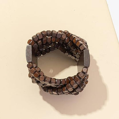COLORFUL BLING Handmade Natural Wooden Beads Cuff Bracelet Woven Chunky Geometric Bangle for Women Summer Beach Boho Jewelry - color: intersect beads