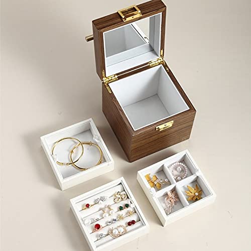 DNCG Storage Bins Large 3-Layer Wooden Jewelry Box Luxurious Earring Necklace Desktop Cosmetic Storage Box with Portable Handle and Safety