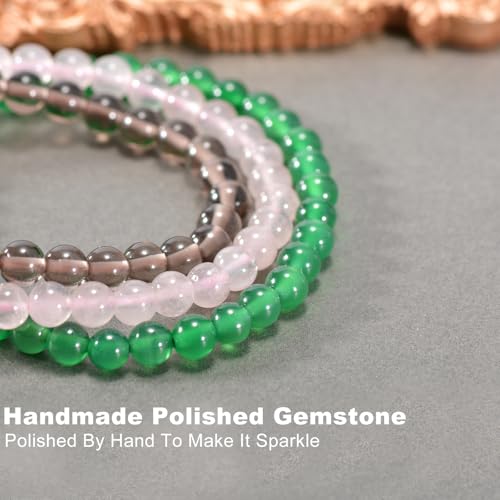 3PCS Agate Bracelet for Women Men Natural Round Beaded Agates Stone Healing Stretch Bracelets Elastic Handmade Polished Gemstone Beads Bracelet - color: Green+Pink+Grey