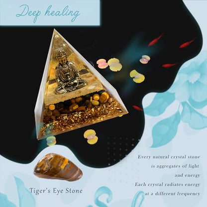 FENGSHUI-CAISHEN Guan Yin Statue in Healing Crystal Organite Pyramid - Quan Yin, Kwanyin, Quan Am, Kuanyin, Guanyin Statue for Meditation Altar, Kwanyin, Female Buddha, Goddess of Mercy - color: Yellow