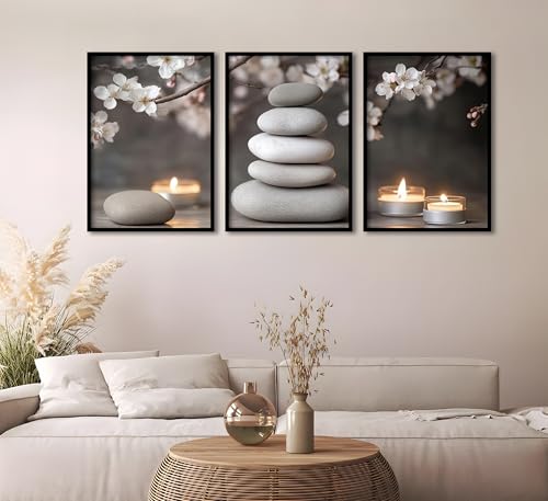 ZHJIOFXG 3 Piece Zen Canvas Wall Art Stacked Stones Cherry Blossom Candle Spa Wall Decor Calming Minimalist Neutral Poster Print Art for Bathroom Bedroom Yoga Room Office Living Room 12x16in Unframed - size: 16L''x12W''