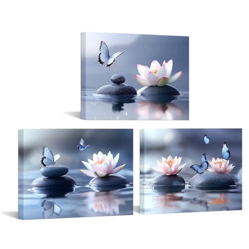 iKNOW FOTO Zen Lotus Flower Canvas Wall Art - 3pcs Calming Spa Decor with Stones and Butterfly - Water Lily Modern Artwork for Bathroom, Yoga Studio, Meditation, or Living Room - 12x16 Each