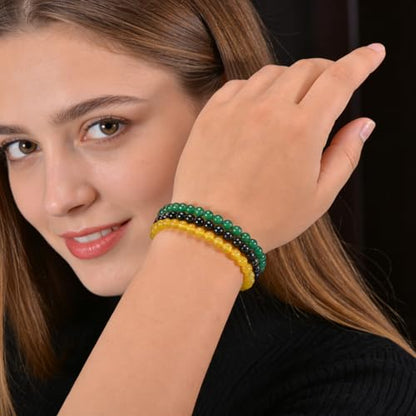 3PCS Agate Bracelet for Women Men Natural Round Beaded Agates Stone Healing Stretch Bracelets Elastic Handmade Polished Gemstone Beads Bracelet - color: Green+Yellow+Black