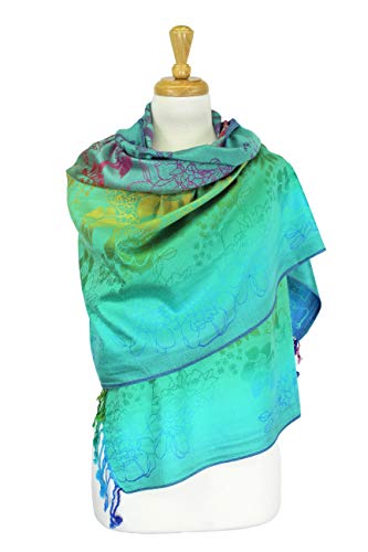 PASKMLNA Double Side Multi Colors Silky Tropical Colorful Exotic Pashmina Wrap Shawl Scarf Rave - color: 051-green Multi Feathers
