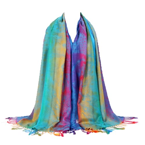 SmilerSmile Colorful Scarf Wraps for Womens Tassel Shawl Wrap - color: 03-peacock/Lakeblue