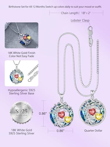 TOUPOP s925 Sterling Silver Family Celtic Tree of Life Pendant Necklaces with 2 Heart Birthstone with Blue Austrian Crystal Jewelry Birthday Valentines Day Gifts for Her, Anniversary Christmas Gifts for Wife Girlfriend Mom (18K Real White Gold Filled) - c