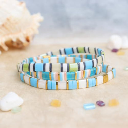 Tila Flat Beaded Stretch Bracelets for Women, Trendy Unique Handmade Stackable Green Blue Square Beads Miyuk Link Bracelet Summer Jewelry Gift - color: Turquoise Green