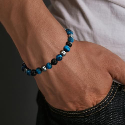 Gnamy Crystal Bracelet Gifts for Men Him- Triple Protection Hematite Black Obsidian Tiger Eye Gemstone Beaded Bracelets Birthday Healing Jewelry Gifts - style: Style 2