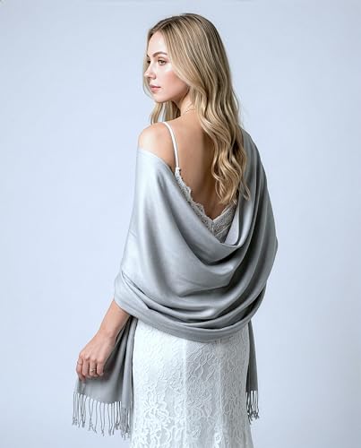 Achillea Lightweight Pashmina Scarf for Women – Soft Silky Shawl Wrap for Evening Dresses, Bridesmaids & Everyday Wear - color: Silver Grey