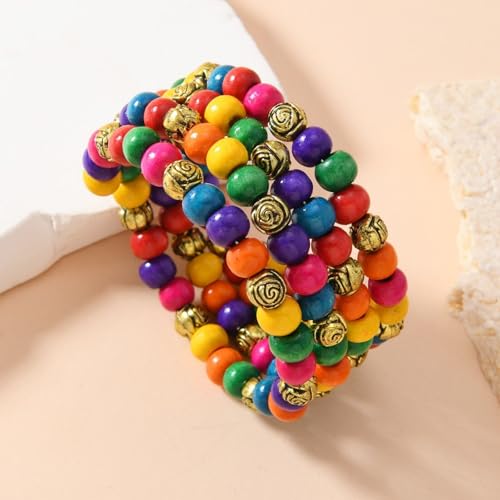 Handmade Wooden Bead Bohemian Elastic Stretch Bracelet Colorful Flower Pattern Design for Women Summer Beach Holiday Jewelry Lightweight - color: round