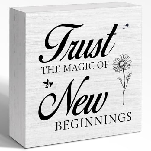 Inspirational Desk Decor for Women, Trust the Magic of New Beginnings Wood Box Sign, Small Motivational Living Room Bedroom Shelves Desk Decor Signs 5x5x1 INCH - style: Trust the Magic
