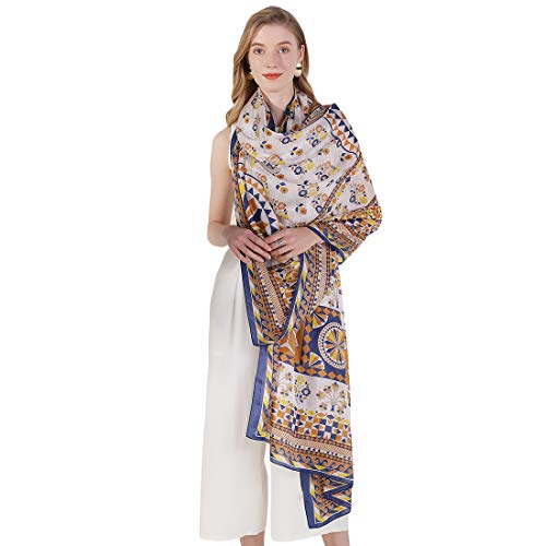 DANA XU Women's 100% Mulberry Silk Pashmina Shawl and Wraps Extra Large Floral Scarf for Evening Dresses, Soft Oversized - color: Beige Amber Geometric